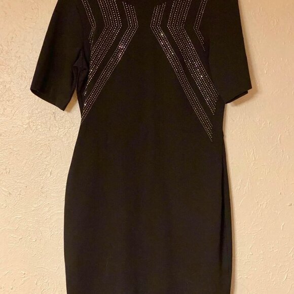 Large, Black Dress with Silver, Shimmery Studs Studs. Knee-Length tight, stretch - Picture 10 of 12